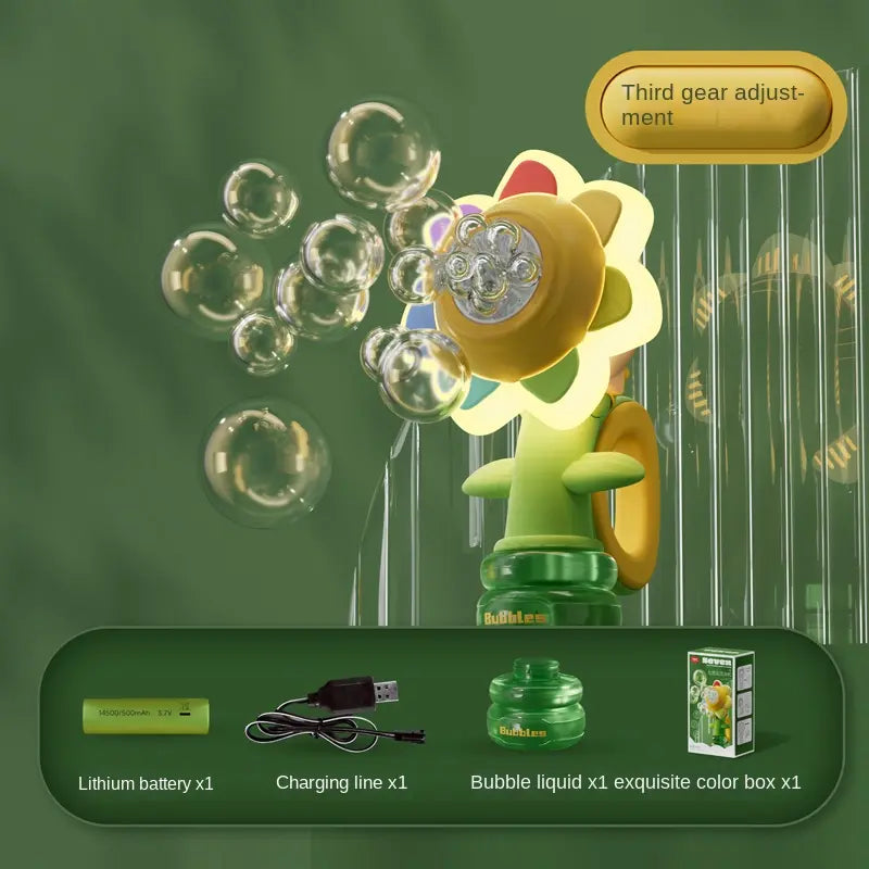 Sunflower Bubble Machine for Kids & Adults – USB Rechargeable Bubble Maker with Colorful LED Lights