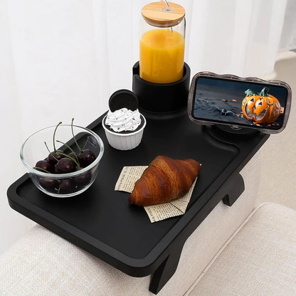 3-in-1 sofa arm clamp tray, spring arm table with stable platform, cup holder and 360° adjustable phone holder, perfect for snacks, drinks and watching TV