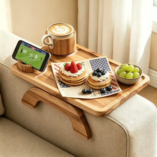 3-in-1 sofa arm clamp tray, spring arm table with stable platform, cup holder and 360° adjustable phone holder, perfect for snacks, drinks and watching TV