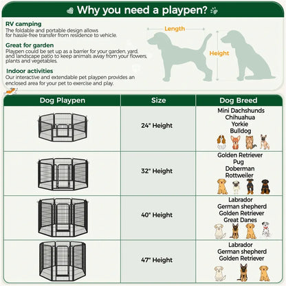 [Expandable]  Dog Playpen 6/8/12/16 Panels Metal Pet Fence, Foldable Indoor Outdoor Dog Exercise Barrier Fence, 24/32/40/47 Inch Pet Enclosure for Small Medium Pets