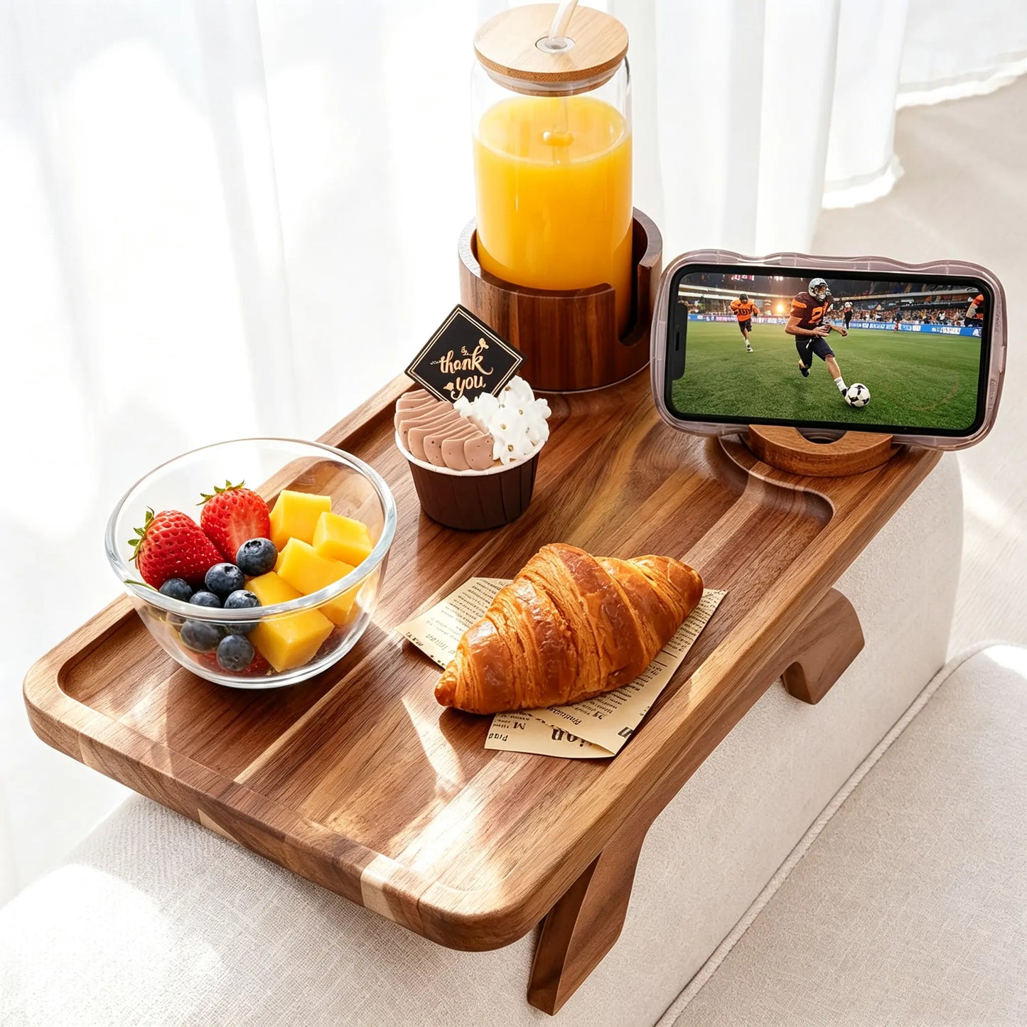 3-in-1 sofa arm clamp tray, spring arm table with stable platform, cup holder and 360° adjustable phone holder, perfect for snacks, drinks and watching TV