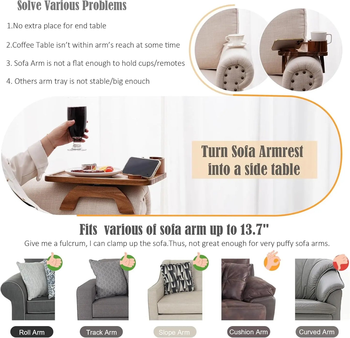 3-in-1 sofa arm clamp tray, spring arm table with stable platform, cup holder and 360° adjustable phone holder, perfect for snacks, drinks and watching TV