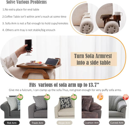 3-in-1 sofa arm clamp tray, spring arm table with stable platform, cup holder and 360° adjustable phone holder, perfect for snacks, drinks and watching TV