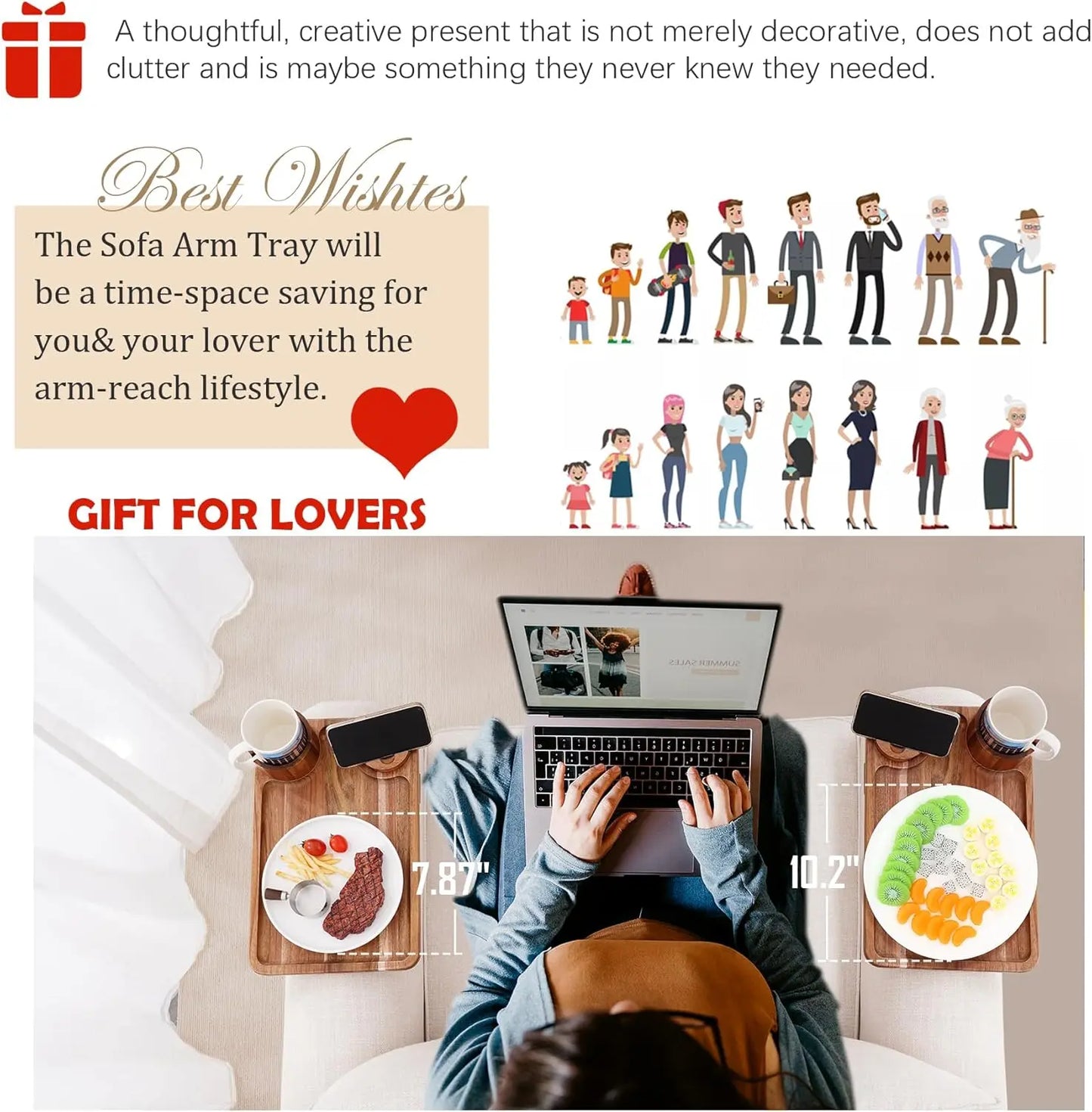 3-in-1 sofa arm clamp tray, spring arm table with stable platform, cup holder and 360° adjustable phone holder, perfect for snacks, drinks and watching TV