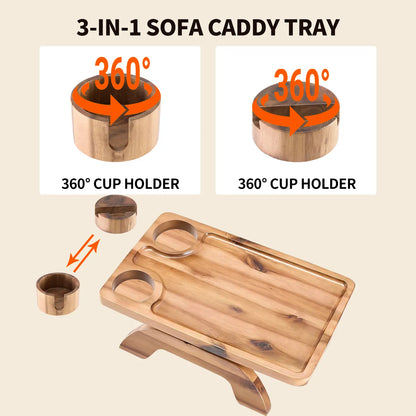 3-in-1 sofa arm clamp tray, spring arm table with stable platform, cup holder and 360° adjustable phone holder, perfect for snacks, drinks and watching TV