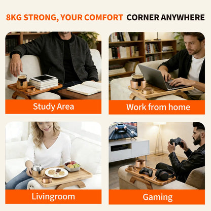 3-in-1 sofa arm clamp tray, spring arm table with stable platform, cup holder and 360° adjustable phone holder, perfect for snacks, drinks and watching TV