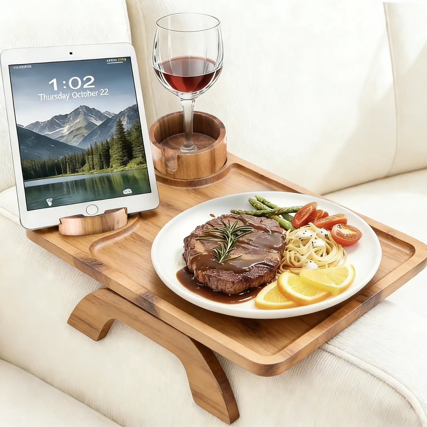 3-in-1 sofa arm clamp tray, spring arm table with stable platform, cup holder and 360° adjustable phone holder, perfect for snacks, drinks and watching TV