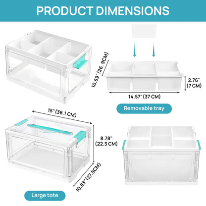 Vtopmart 24QT clear craft storage bin with tray and adjustable dividers for art toys, hair, bows
