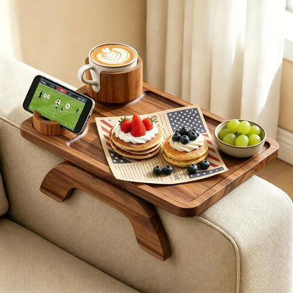 3-in-1 sofa arm clamp tray, spring arm table with stable platform, cup holder and 360° adjustable phone holder, perfect for snacks, drinks and watching TV